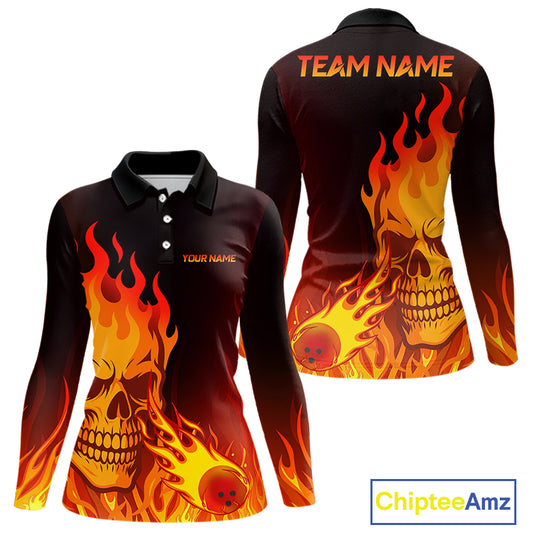 Flame Skull Bowling Polo, Quarter Zip Shirts for Women Custom Skull Fire Bowling Team Outfit Uniform NQS10444