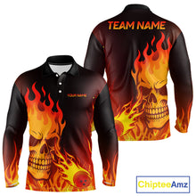 Load image into Gallery viewer, Flame Skull Bowling Polo, Quarter Zip Shirts for Men Custom Skull Fire Bowling Team Outfit Uniform NQS10444