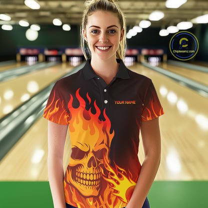 Flame Skull Bowling Polo, Quarter Zip Shirts for Women Custom Skull Fire Bowling Team Outfit Uniform NQS10444