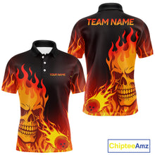 Load image into Gallery viewer, Flame Skull Bowling Polo, Quarter Zip Shirts for Men Custom Skull Fire Bowling Team Outfit Uniform NQS10444