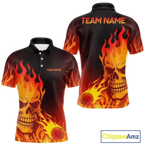 Flame Skull Bowling Polo, Quarter Zip Shirts for Men Custom Skull Fire Bowling Team Outfit Uniform NQS10444