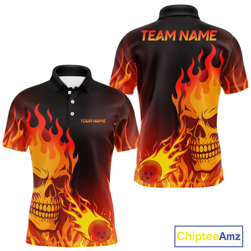 Flame Skull Bowling Polo, Quarter Zip Shirts for Men Custom Skull Fire Bowling Team Outfit Uniform NQS10444