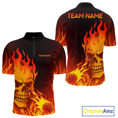 Flame Skull Bowling Polo, Quarter Zip Shirts for Men Custom Skull Fire Bowling Team Outfit Uniform NQS10444