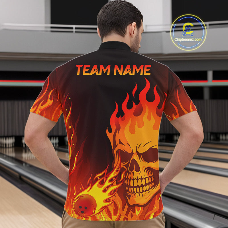Flame Skull Bowling Polo, Quarter Zip Shirts for Men Custom Skull Fire Bowling Team Outfit Uniform NQS10444