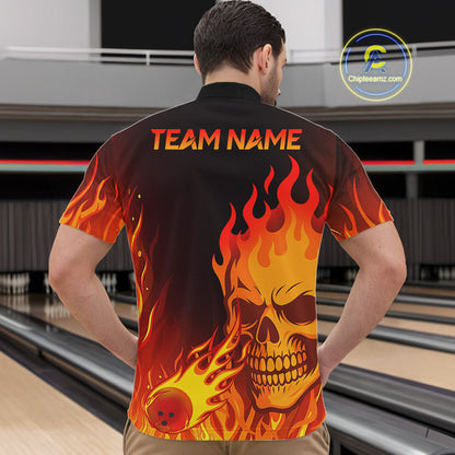 Flame Skull Bowling Polo, Quarter Zip Shirts for Men Custom Skull Fire Bowling Team Outfit Uniform NQS10444