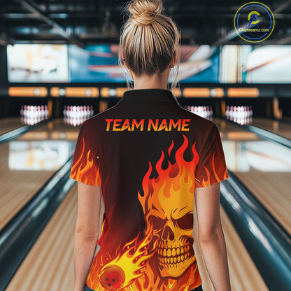 Flame Skull Bowling Polo, Quarter Zip Shirts for Women Custom Skull Fire Bowling Team Outfit Uniform NQS10444
