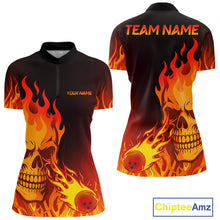 Load image into Gallery viewer, Flame Skull Bowling Polo, Quarter Zip Shirts for Women Custom Skull Fire Bowling Team Outfit Uniform NQS10444