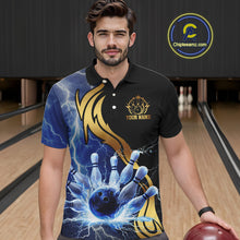 Load image into Gallery viewer, Custom Blue Lightning thunder and Gold Bowling Team Jerseys, Personalized Bowling Shirts for Men NQS10447