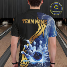 Load image into Gallery viewer, Custom Blue Lightning thunder and Gold Bowling Team Jerseys, Personalized Bowling Shirts for Men NQS10447
