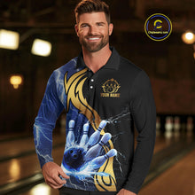 Load image into Gallery viewer, Custom Blue Lightning thunder and Gold Bowling Team Jerseys, Personalized Bowling Shirts for Men NQS10447