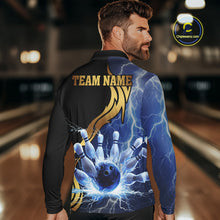 Load image into Gallery viewer, Custom Blue Lightning thunder and Gold Bowling Team Jerseys, Personalized Bowling Shirts for Men NQS10447