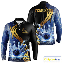 Load image into Gallery viewer, Custom Blue Lightning thunder and Gold Bowling Team Jerseys, Personalized Bowling Shirts for Men NQS10447
