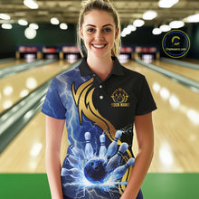 Load image into Gallery viewer, Custom Blue Lightning thunder and Gold Bowling Team Jerseys, Personalized Bowling Shirts for Women NQS10447