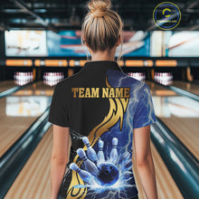 Load image into Gallery viewer, Custom Blue Lightning thunder and Gold Bowling Team Jerseys, Personalized Bowling Shirts for Women NQS10447