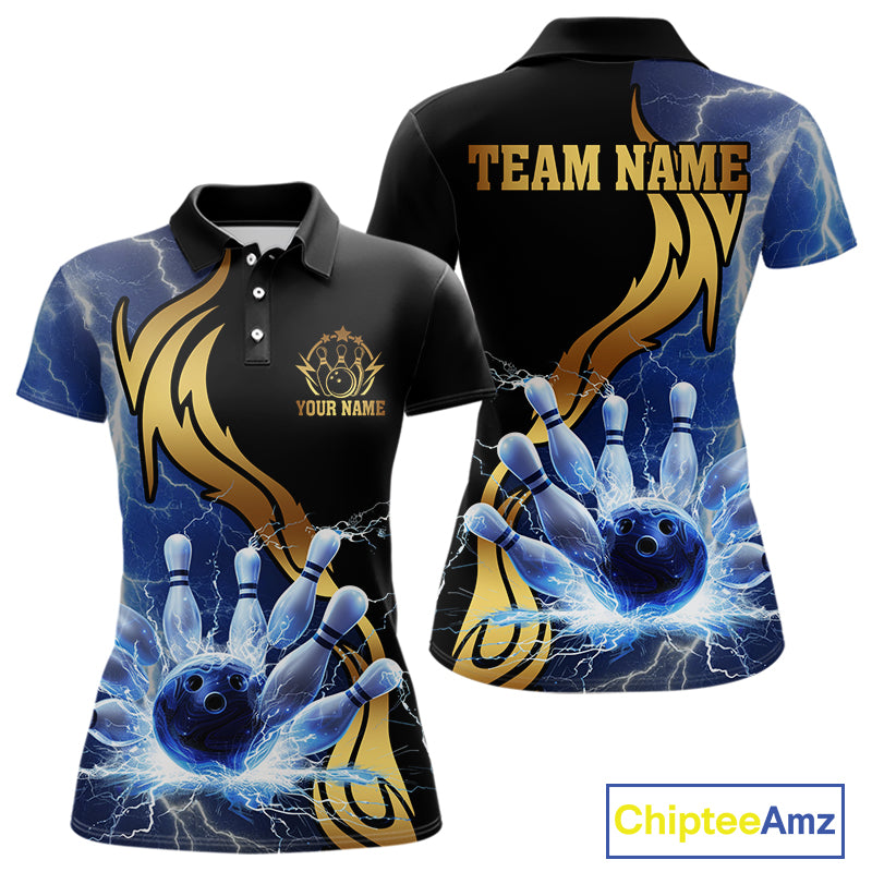 Custom Blue Lightning thunder and Gold Bowling Team Jerseys, Personalized Bowling Shirts for Women NQS10447