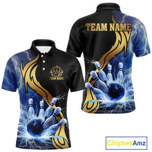 Load image into Gallery viewer, Custom Blue Lightning thunder and Gold Bowling Team Jerseys, Personalized Bowling Shirts for Men NQS10447