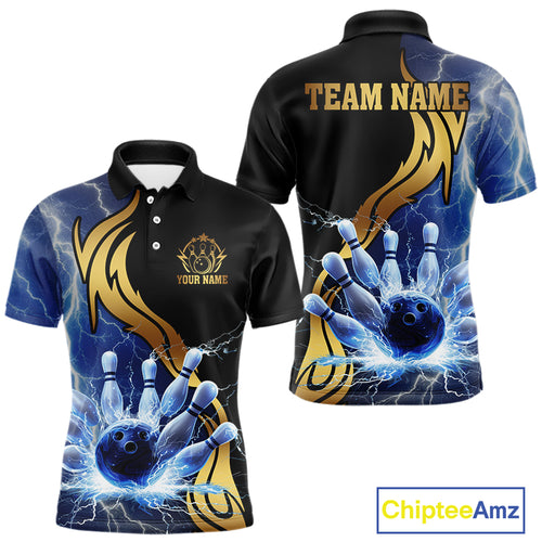 Custom Blue Lightning thunder and Gold Bowling Team Jerseys, Personalized Bowling Shirts for Men NQS10447