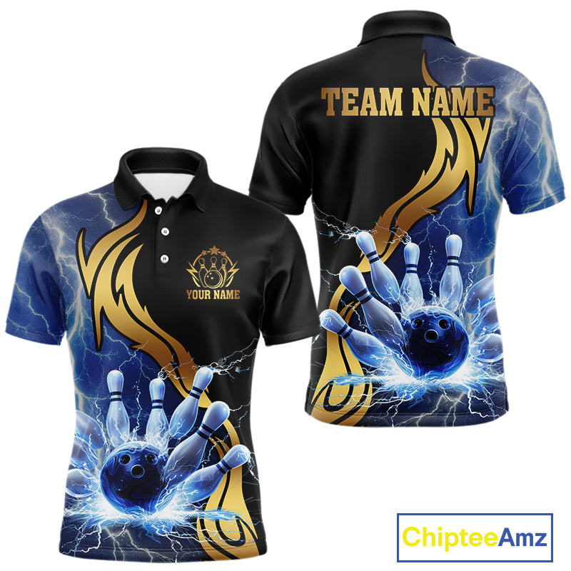 Custom Blue Lightning thunder and Gold Bowling Team Jerseys, Personalized Bowling Shirts for Men NQS10447