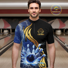 Load image into Gallery viewer, Custom Blue Lightning thunder and Gold Bowling Team Jerseys, Personalized Bowling Shirts for Men NQS10447