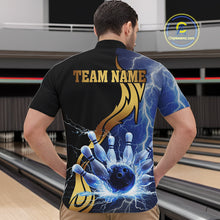 Load image into Gallery viewer, Custom Blue Lightning thunder and Gold Bowling Team Jerseys, Personalized Bowling Shirts for Men NQS10447