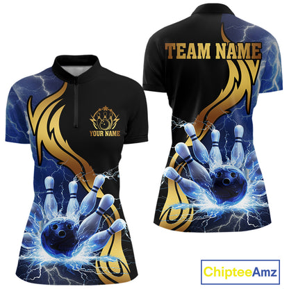 Custom Blue Lightning thunder and Gold Bowling Team Jerseys, Personalized Bowling Shirts for Women NQS10447