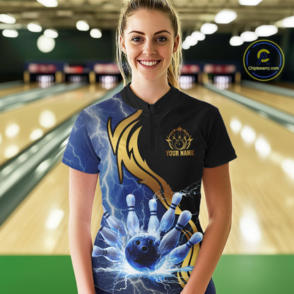 Custom Blue Lightning thunder and Gold Bowling Team Jerseys, Personalized Bowling Shirts for Women NQS10447