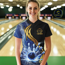 Load image into Gallery viewer, Custom Blue Lightning thunder and Gold Bowling Team Jerseys, Personalized Bowling Shirts for Women NQS10447