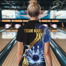 Load image into Gallery viewer, Custom Blue Lightning thunder and Gold Bowling Team Jerseys, Personalized Bowling Shirts for Women NQS10447