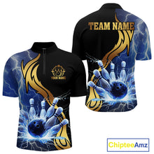Load image into Gallery viewer, Custom Blue Lightning thunder and Gold Bowling Team Jerseys, Personalized Bowling Shirts for Men NQS10447