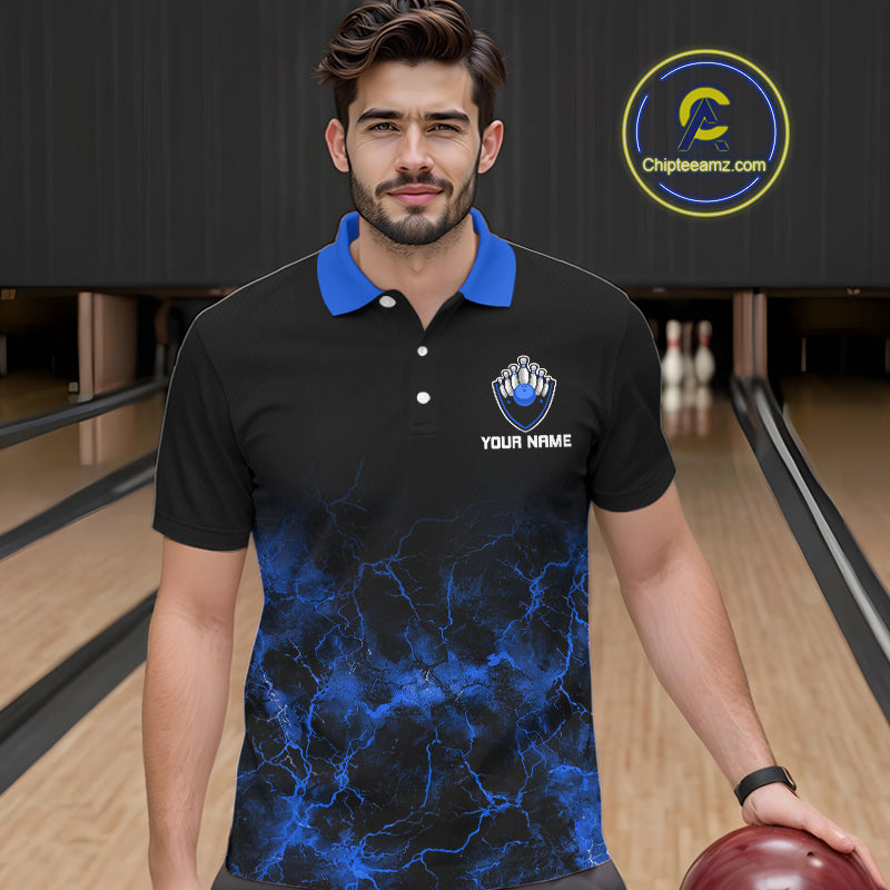 Personalized Men's bowling shirts Blue lightning Bowling Ball Pins bowling jerseys for Bowler NQS10633