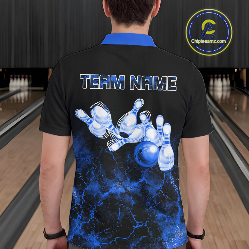 Personalized Men's bowling shirts Blue lightning Bowling Ball Pins bowling jerseys for Bowler NQS10633