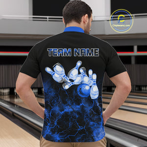 Personalized Men's bowling shirts Blue lightning Bowling Ball Pins bowling jerseys for Bowler NQS10633