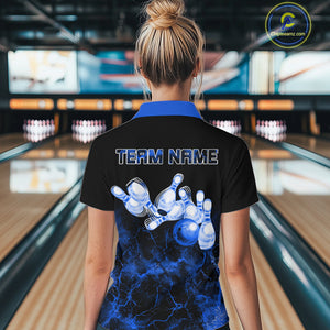 Personalized Women's bowling shirts Blue lightning Bowling Ball Pins bowling jerseys for Bowler NQS10633