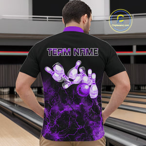 Personalized Men's bowling shirts Purple lightning Bowling Ball Pins bowling jerseys for Bowler NQS10634