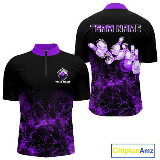Personalized Men's bowling shirts Purple lightning Bowling Ball Pins bowling jerseys for Bowler NQS10634