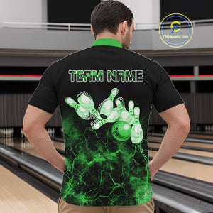 Personalized Men's bowling shirts Green lightning Bowling Ball Pins bowling jerseys for Bowler NQS10635