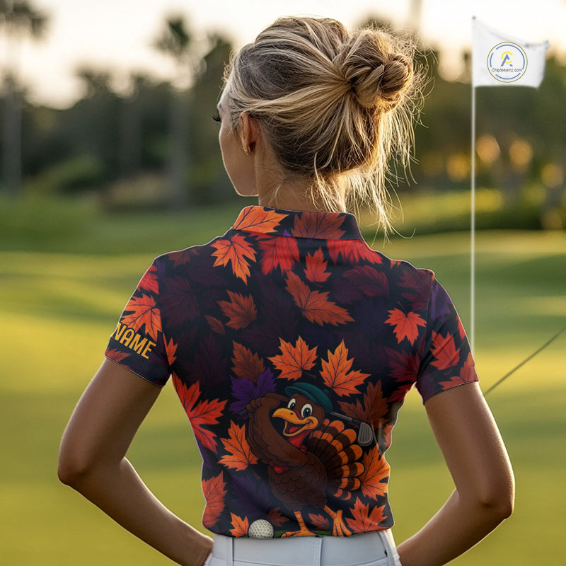 Golf Turkey Thanksgiving Women Golf Polo Shirt Orange Autumn Leaf Custom Golf top For Ladies NQS10637