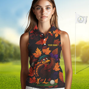 Golf Turkey Thanksgiving Women's Sleeveless Polo Shirt Orange Autumn Leaf Custom Golf top For Ladies NQS10637