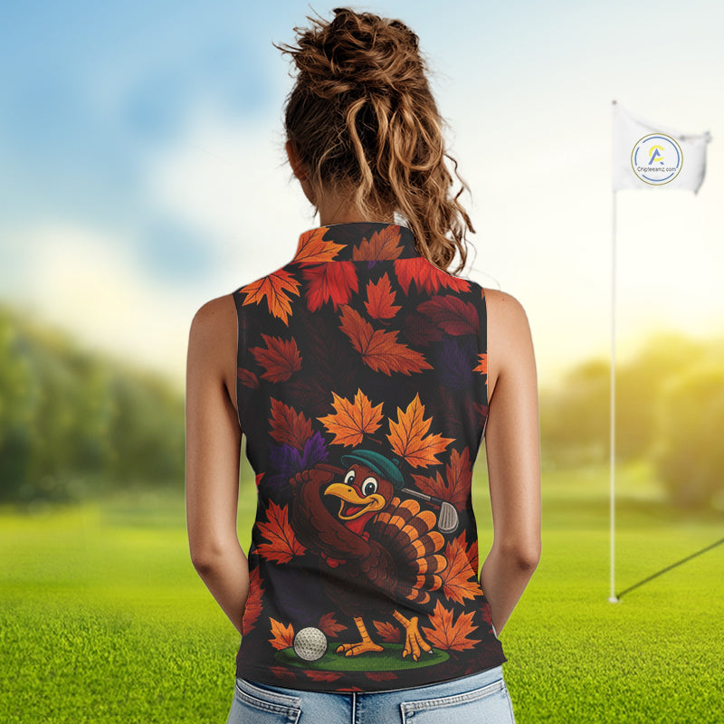 Golf Turkey Thanksgiving Women's Sleeveless Polo Shirt Orange Autumn Leaf Custom Golf top For Ladies NQS10637