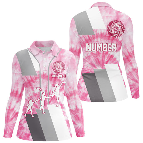 Womens disc golf polo shirt custom name and number pink tie dye personalized disc golf shirts NQS8700