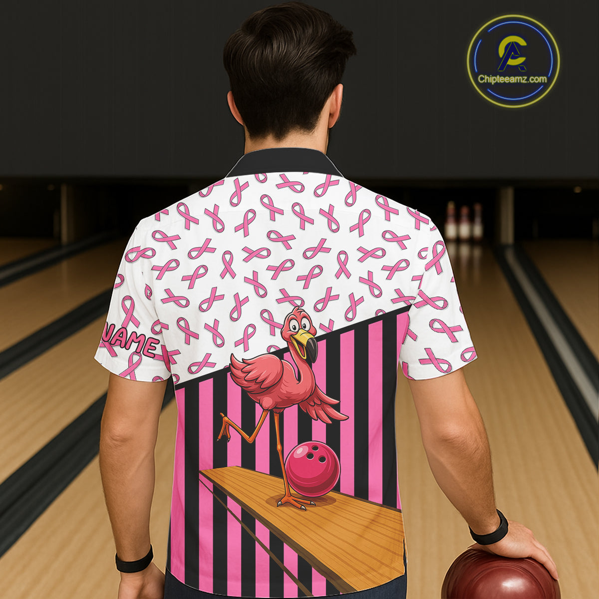 Pink ribbon pattern funny flamingo Bowling Hawaiian Shirt Custom breast cancer Team bowling outfit NQS11245