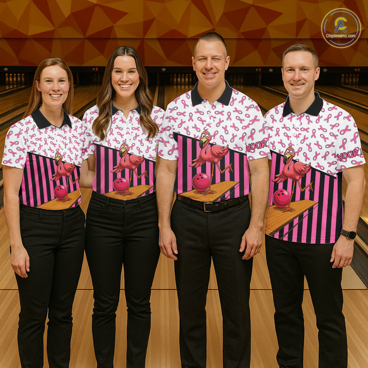 Pink ribbon pattern funny flamingo Bowling shirts for Men Custom breast cancer Team bowling outfit NQS11245