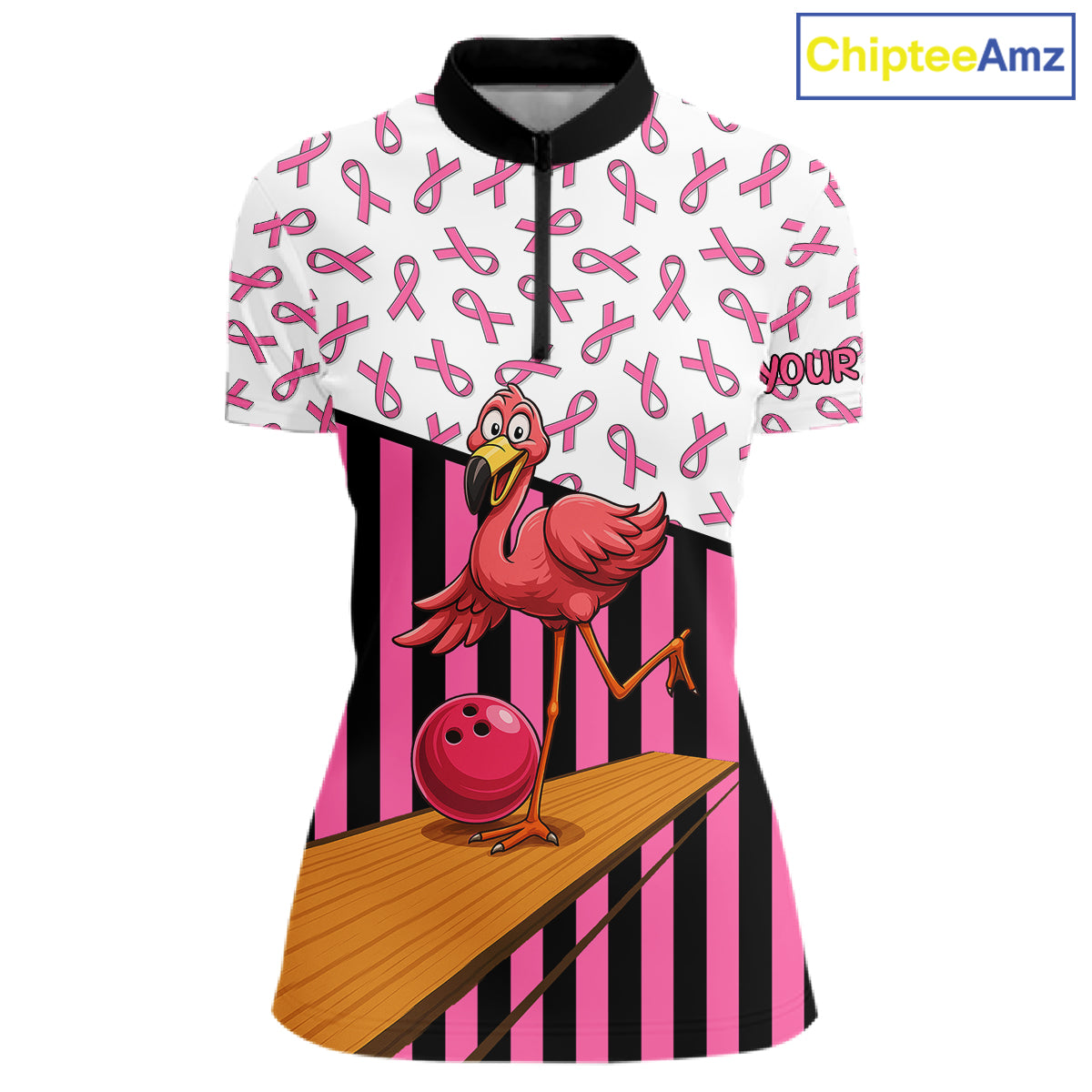 Pink ribbon pattern funny flamingo Bowling shirts for Women Custom breast cancer Team bowling outfit NQS11245
