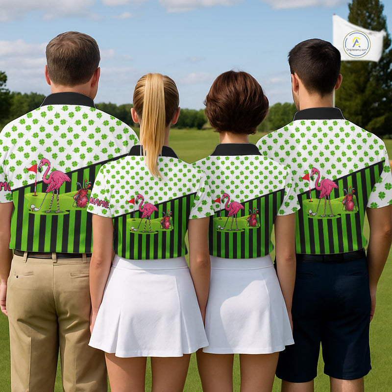 Green shamrock pattern flamingo Women golf polo shirts Custom St Patrick's Day golf outfit for ladies NQS11246