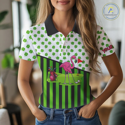 Green shamrock pattern flamingo Women golf polo shirts Custom St Patrick's Day golf outfit for ladies NQS11246