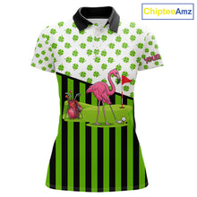 Load image into Gallery viewer, Green shamrock pattern flamingo Women golf polo shirts Custom St Patrick's Day golf outfit for ladies NQS11246