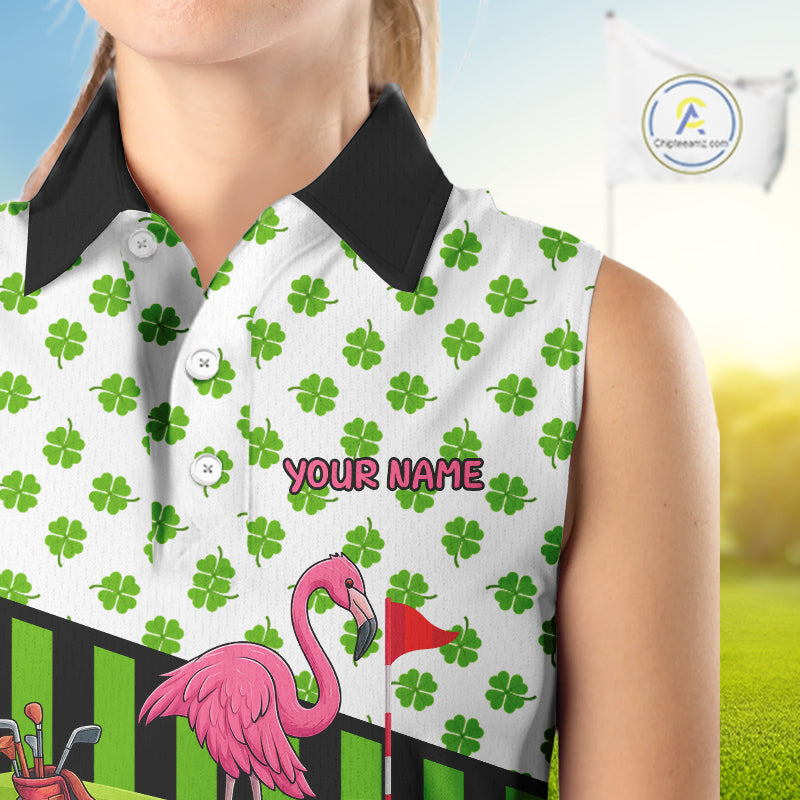 Green shamrock pattern flamingo Women's sleeveless polo shirt Custom St Patrick's Day golf outfit NQS11246