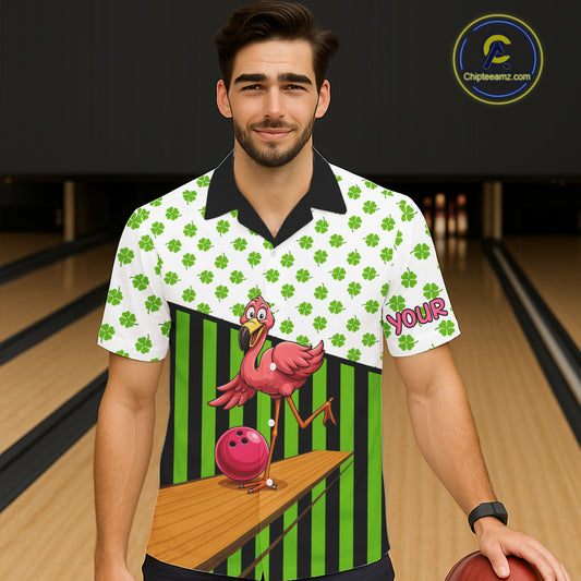 Green shamrock pattern flamingo Bowling Hawaiian Shirt Custom St Patrick's Day Team bowling outfit NQS11247