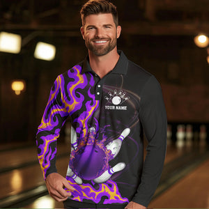 Purple Flame Fire Bowling Polo, Quarter Zip Shirts For Men Custom Bowling Team Shirts, Gift For Bowler NQS9373