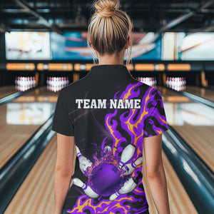 Purple Flame Fire Bowling Polo, Quarter Zip Shirt For Women Custom Bowling Team Shirt, Gift For Bowler NQS9373